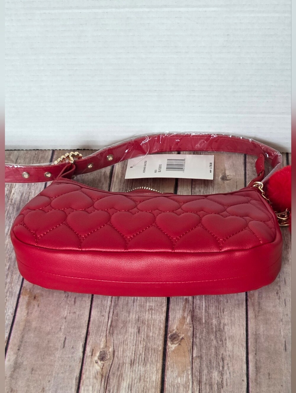 Betsey Johnson Red Quilted Heart Pom-Pom Shoulder Bag - Picture 6 of 16